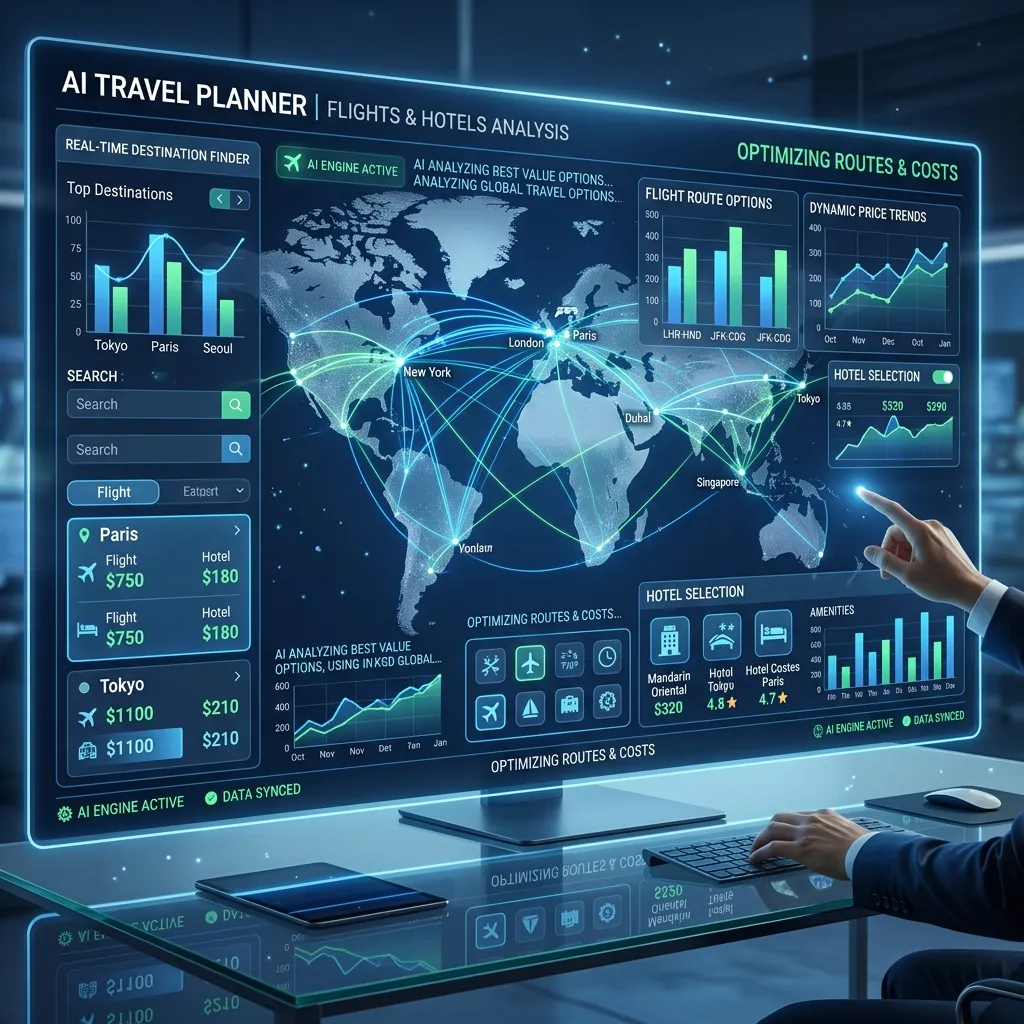 AI-powered travel planner analyzing destinations, flights, and hotel data on a digital dashboard