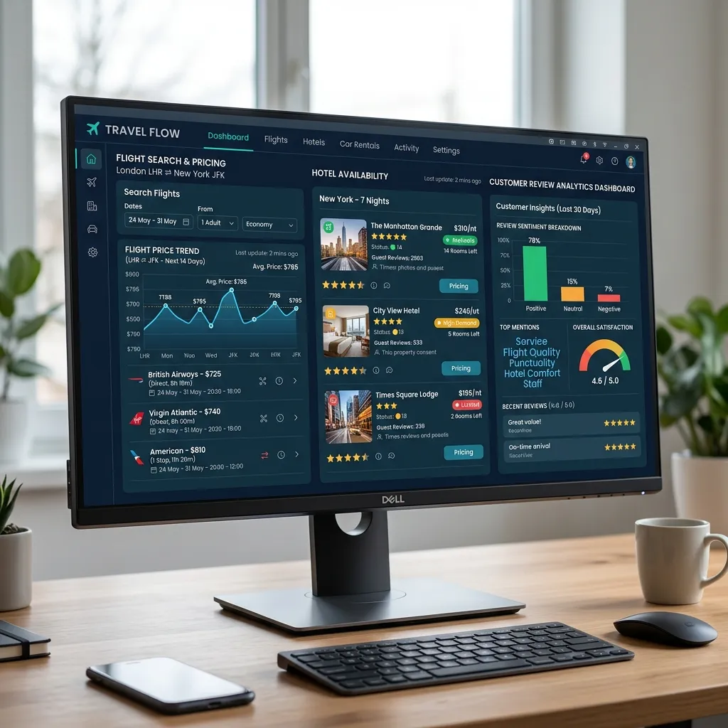 Real-time travel booking system displaying flight prices, hotel availability, and customer review analytics